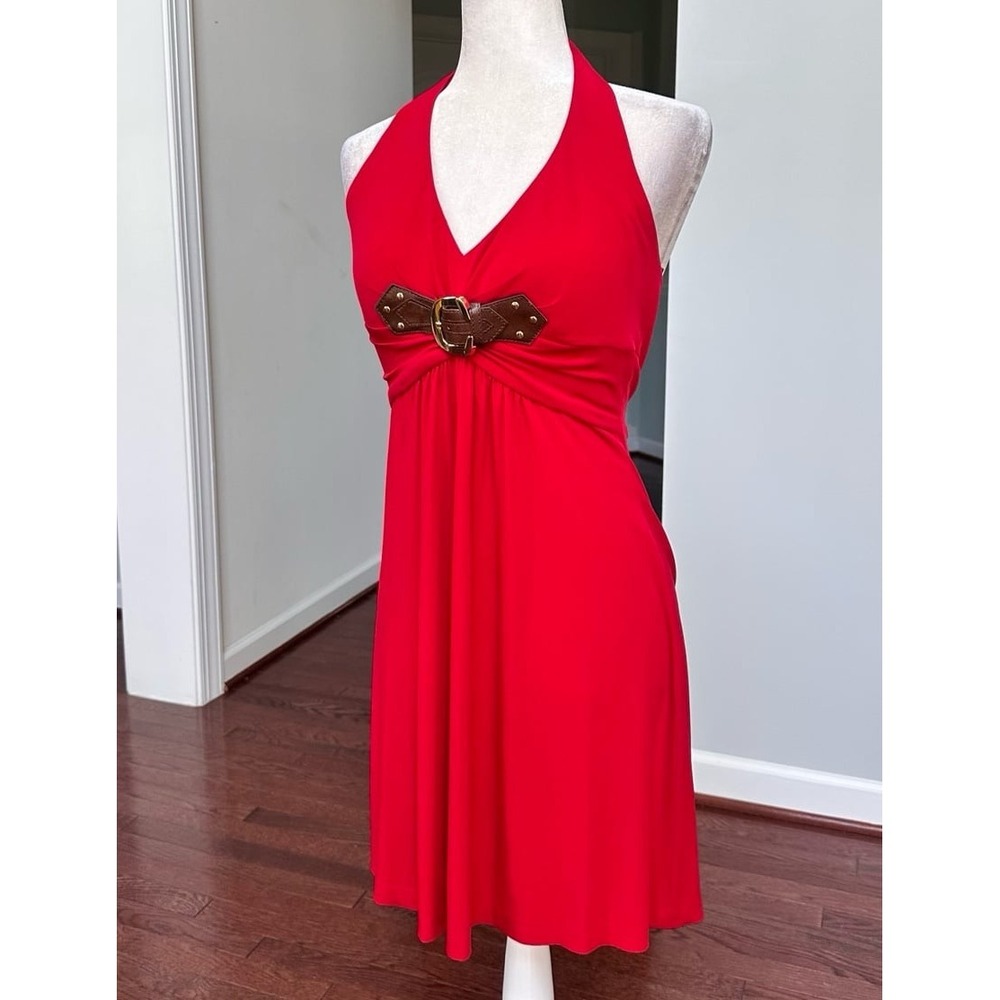 Vintage Cache Red Brown Silver Halter Neck Plunge Sexy Cocktail Dress Large - Picture 10 of 12